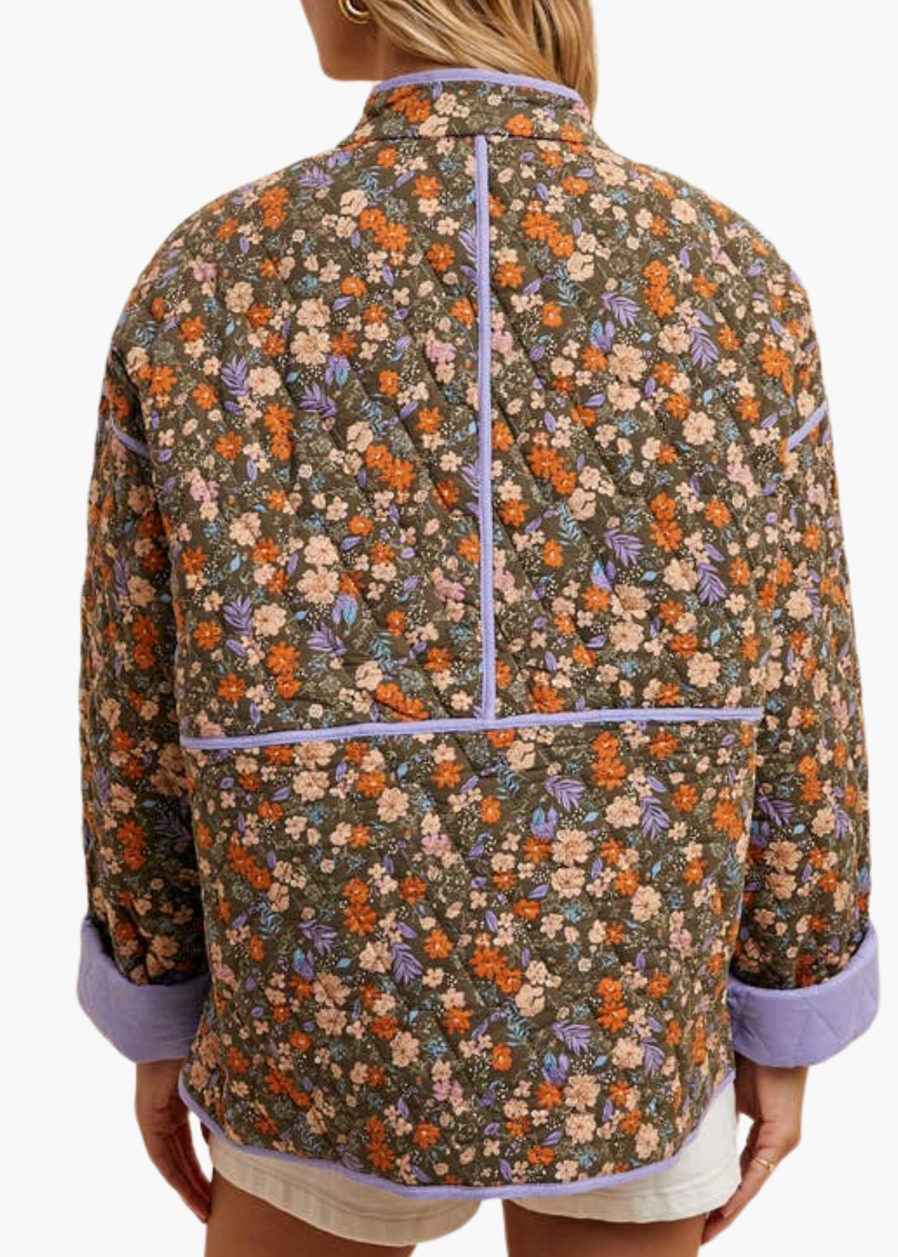 Floral Quilted Puffer Jacket in Olive Taupe – Poppy and Pink Floral Quilted Puffer Jacket in Olive Taupe – Poppy and Pink