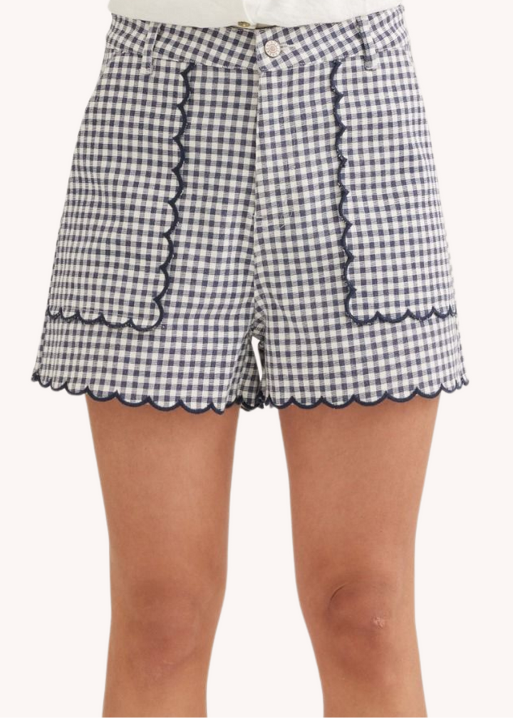 Sadie Scalloped Shorts in Navy Gingham
