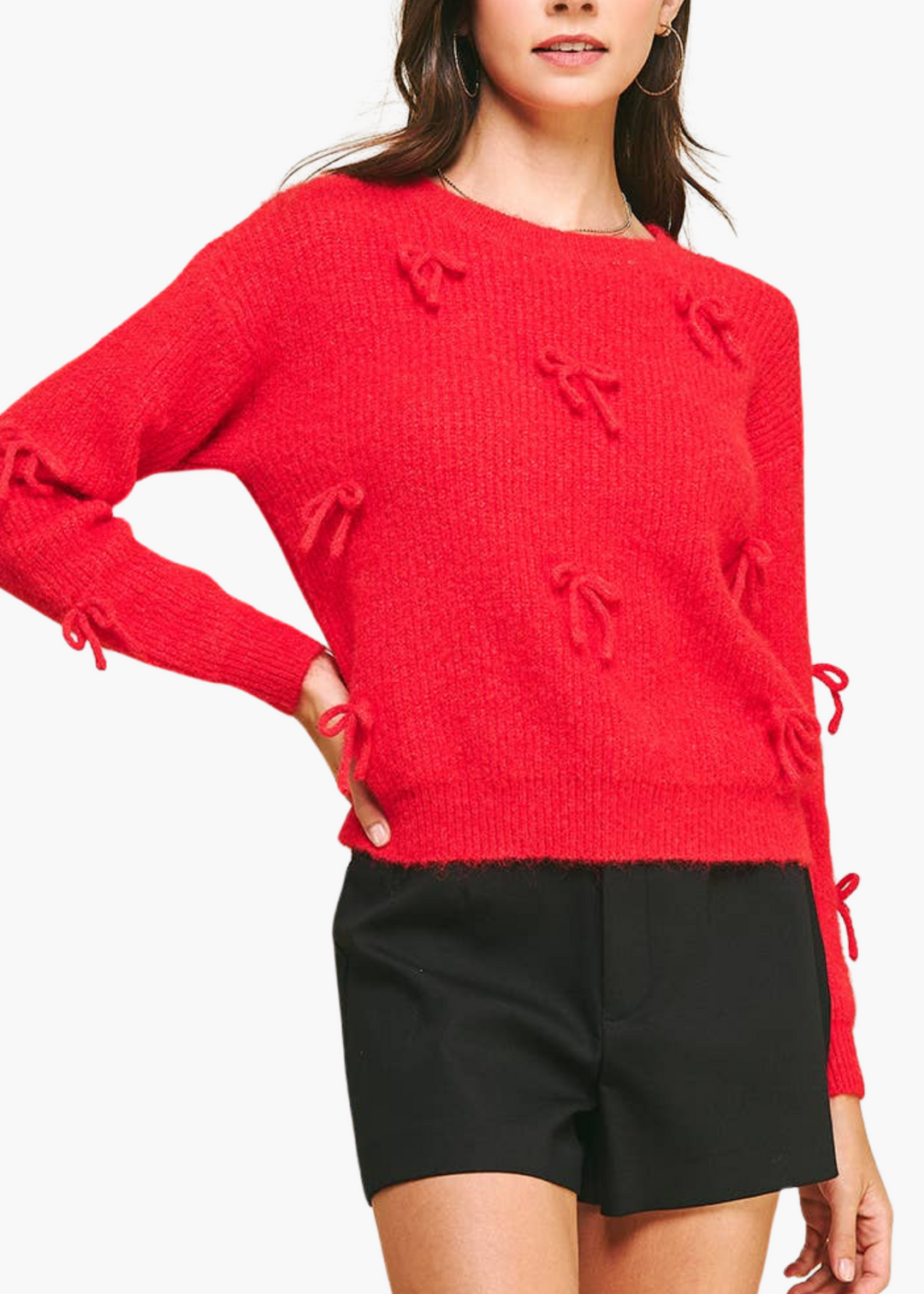 Ribbon Embellishment Sweater Top in Red