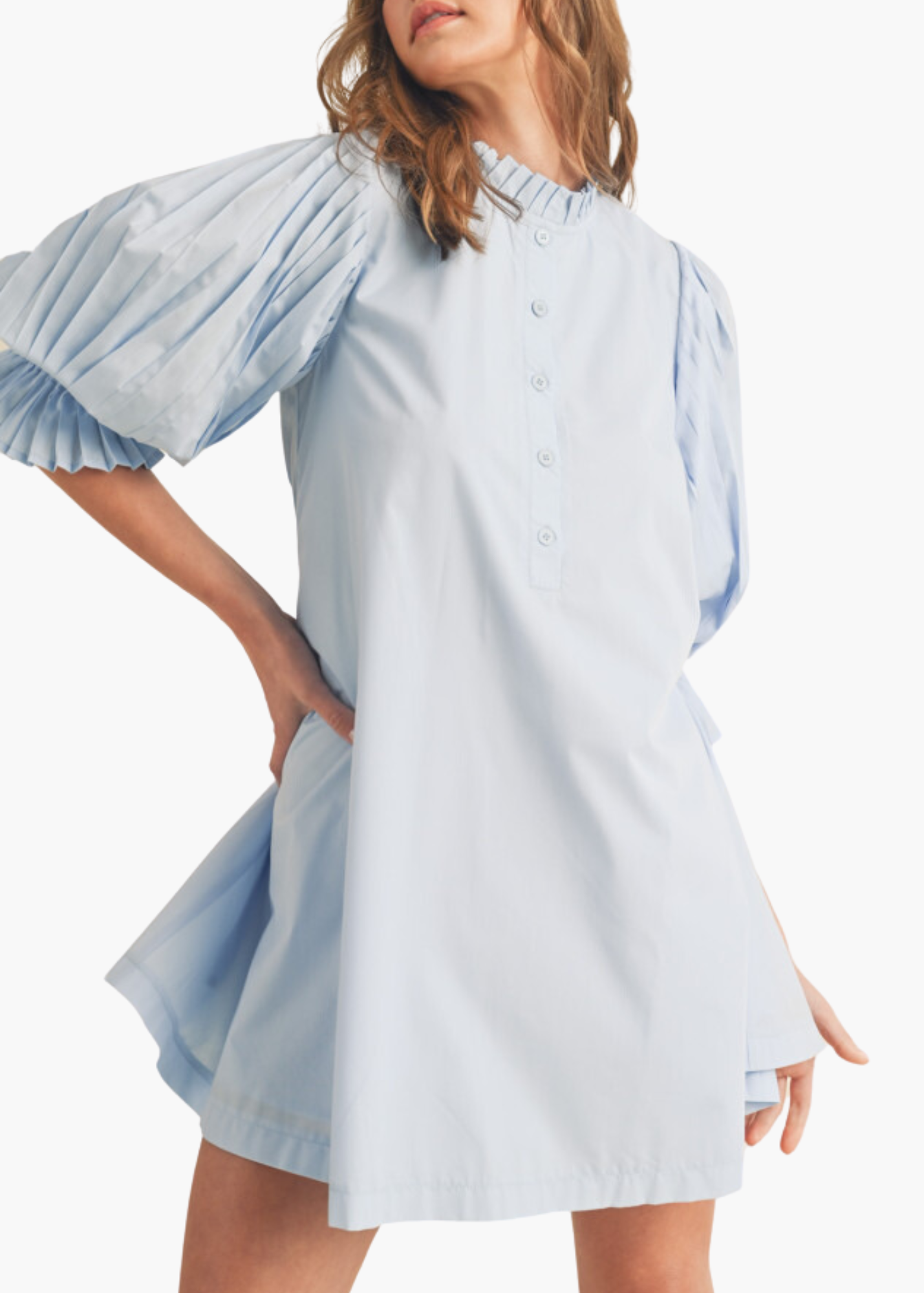 Abigail Pleated Sleeve Mini Dress in Powder Blue