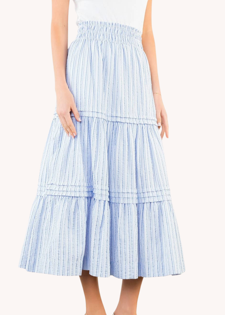 Smocked Waist Tiered Long Skirt in Light Blue Stripe