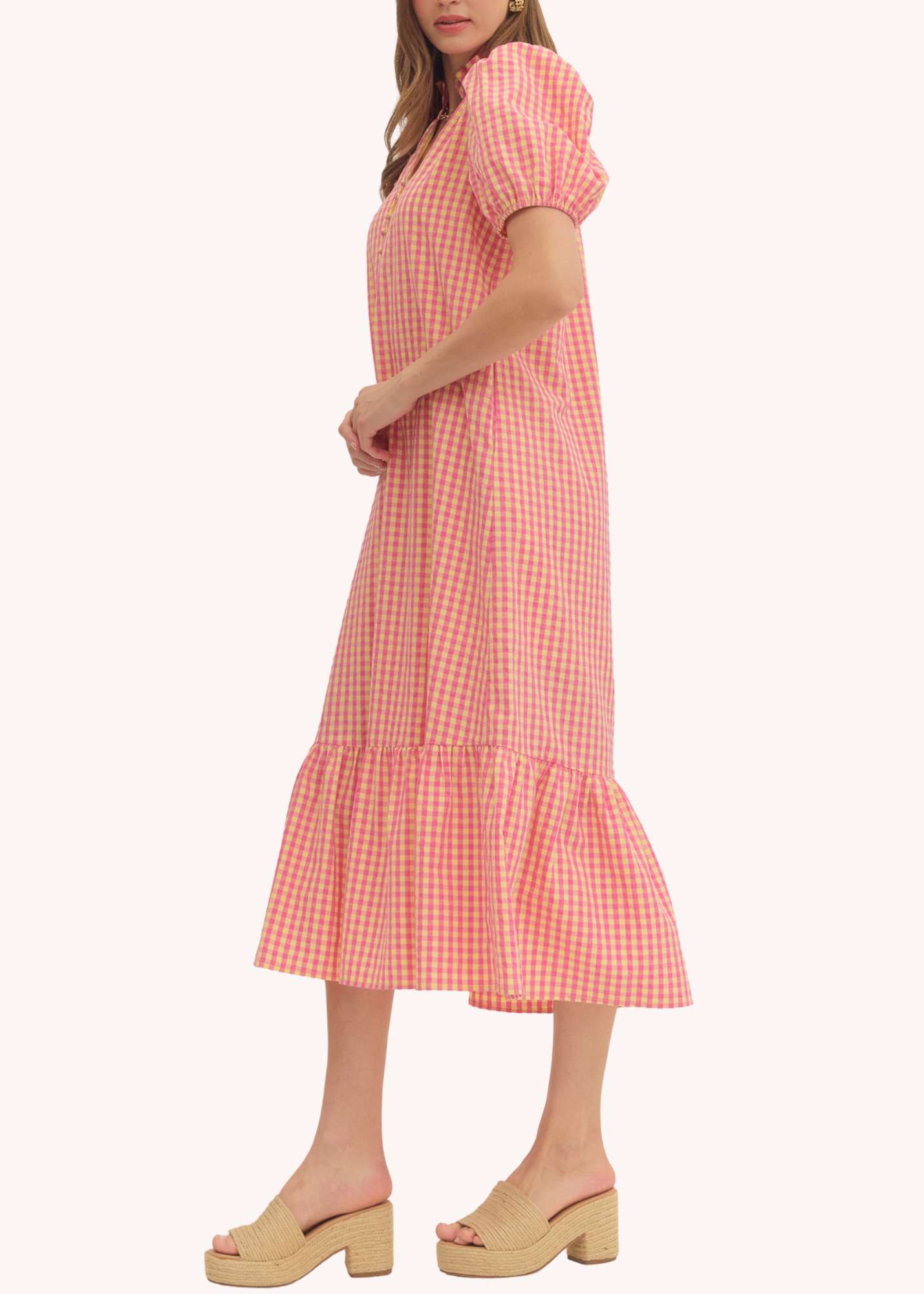 Fallon Cotton Midi Dress in Pink Gingham