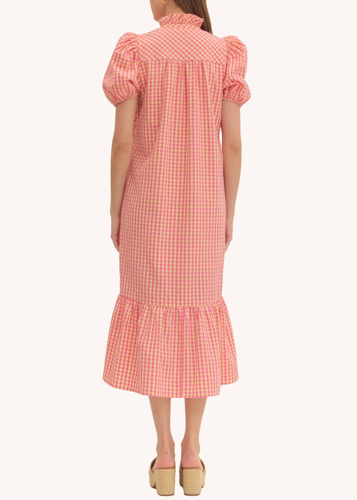 Fallon Cotton Midi Dress in Pink Gingham