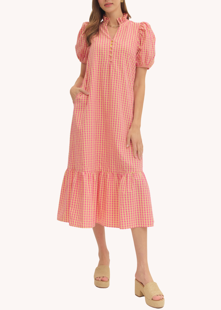 Fallon Cotton Midi Dress in Pink Gingham