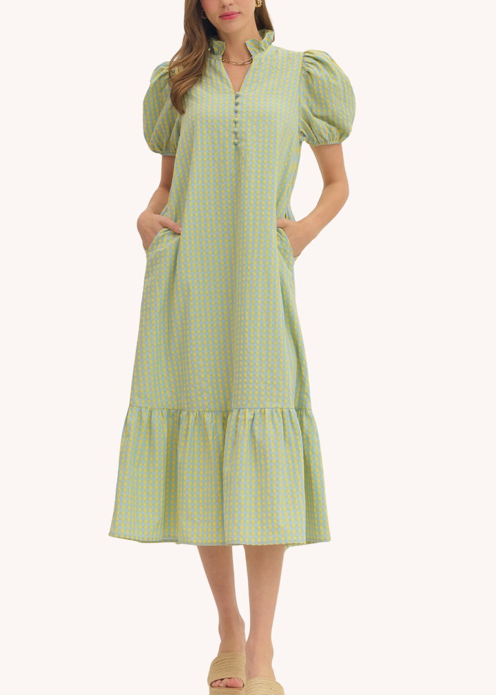 Fallon Cotton Midi Dress in Pool Gingham