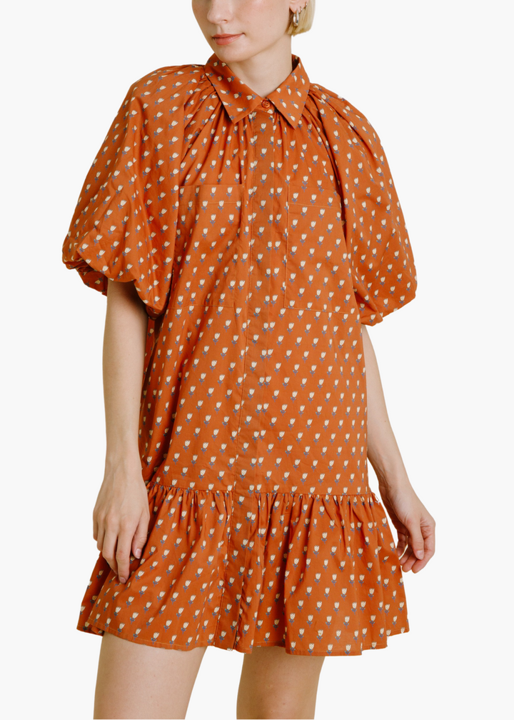 Callie Floral Drop Waist Shirt Dress in Terracotta