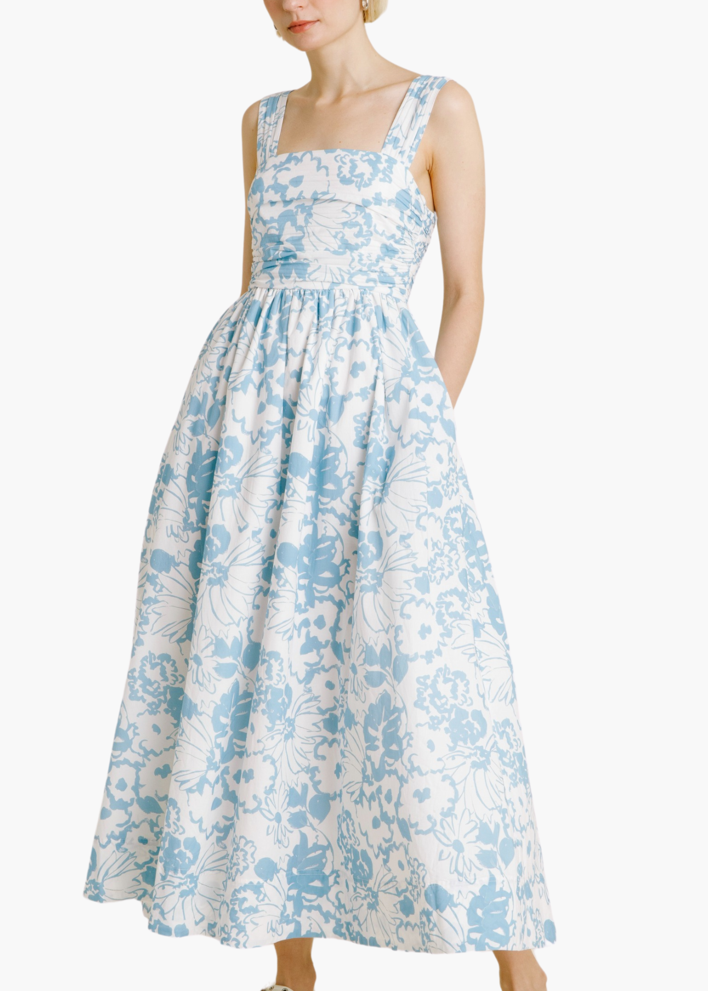 Sadie Ruched Midi Dress in Blue