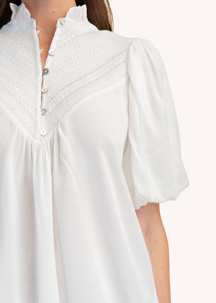 Puff Sleeve Blouse Ruffle Neck Smocked Detail
