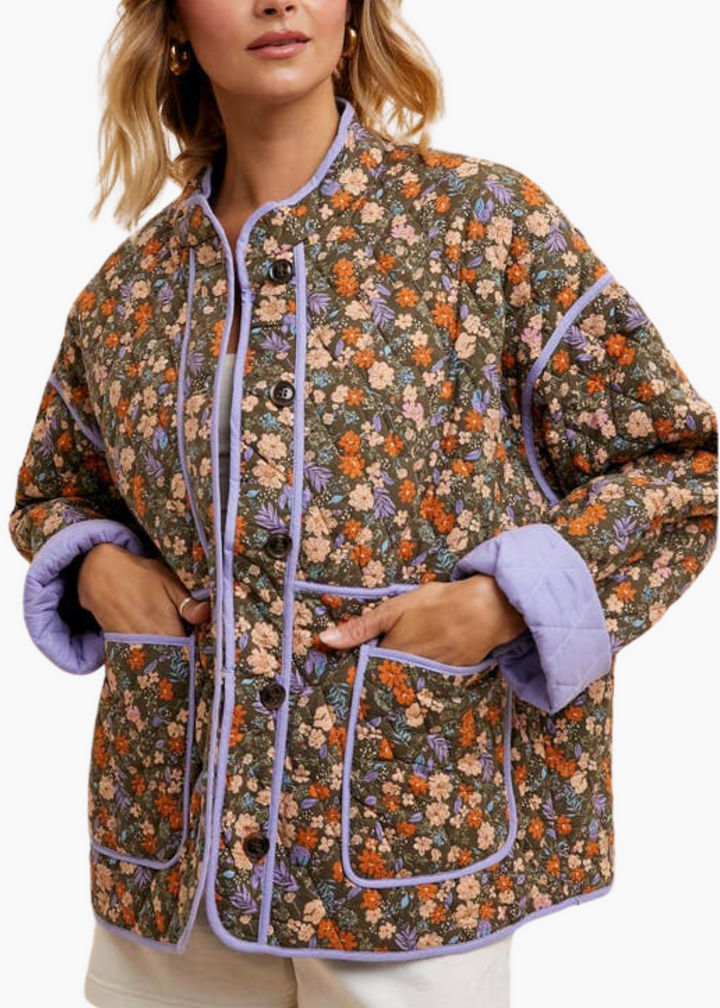 Floral Quilted Puffer Jacket in Olive Taupe – Poppy and Pink Floral Quilted Puffer Jacket in Olive Taupe – Poppy and Pink