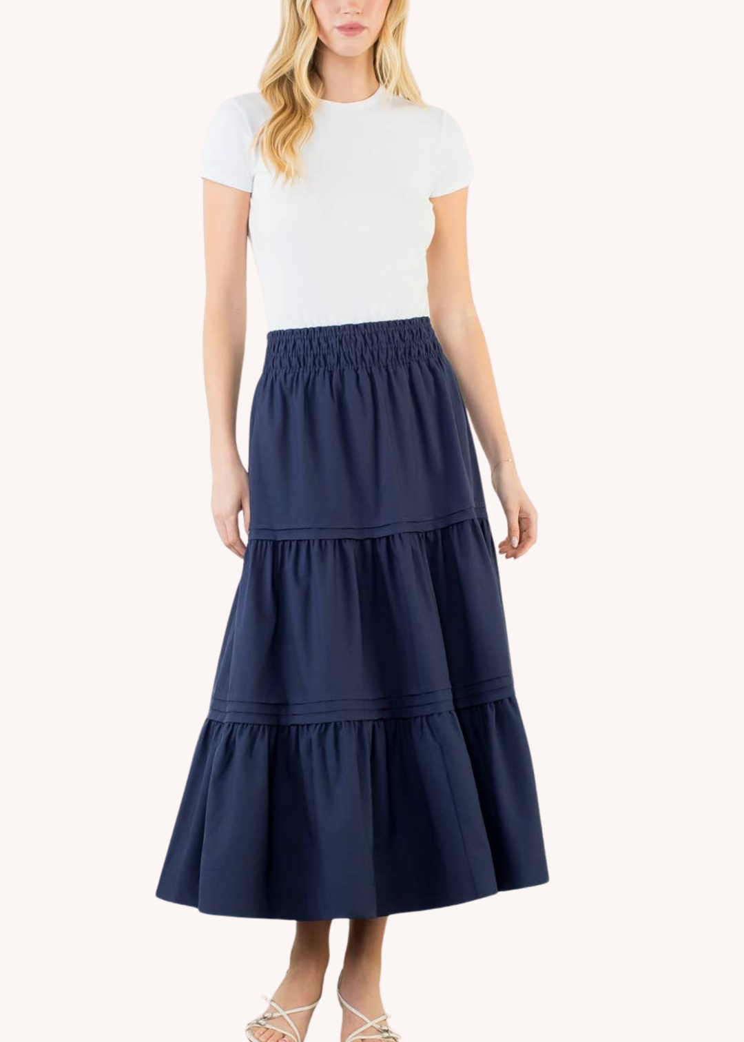Smocked Waist Tiered Long Skirt in Navy