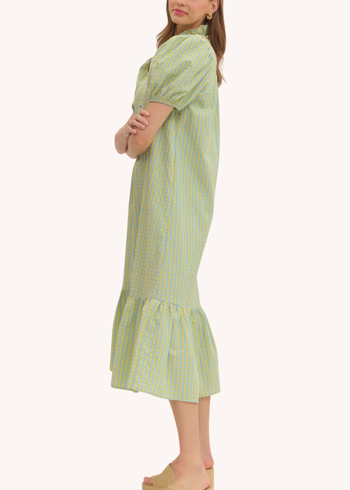 Fallon Cotton Midi Dress in Pool Gingham