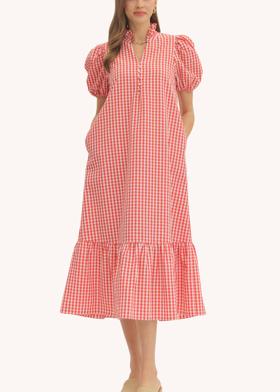 Fallon Cotton Midi Dress in Red Gingham