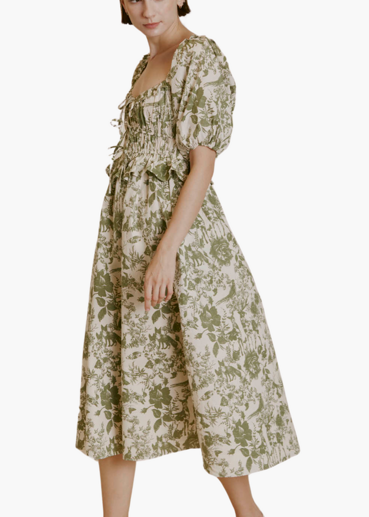 Toile Print Midi Dress in Sage