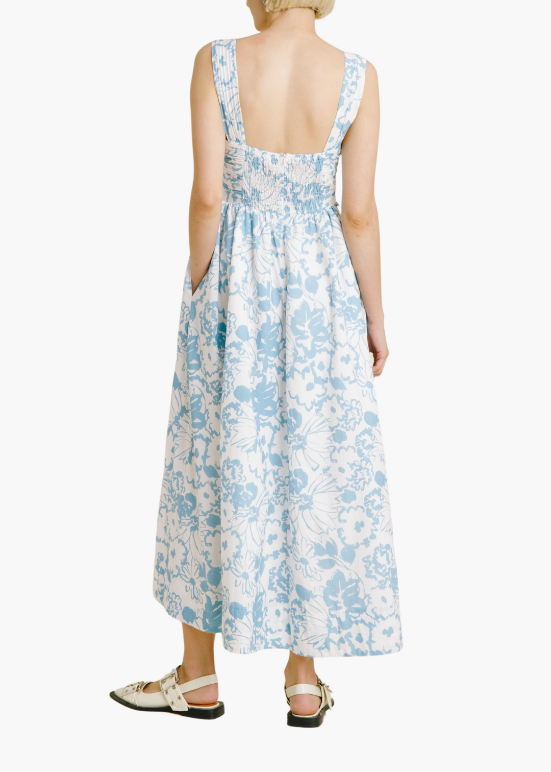 Sadie Ruched Midi Dress in Blue