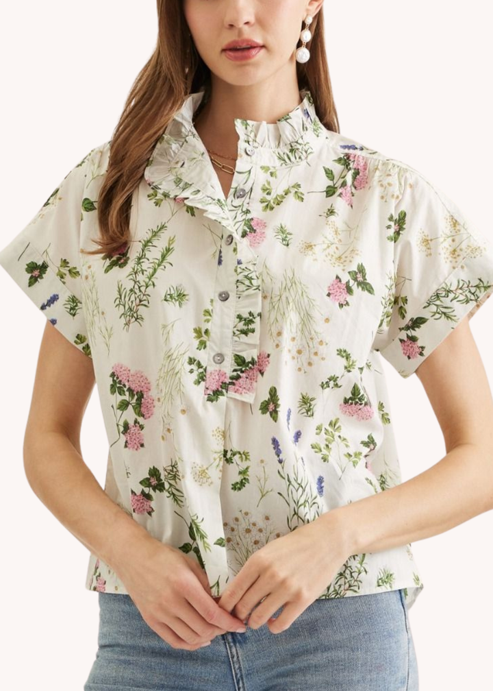 Soft Ruffled Floral Top in Cream