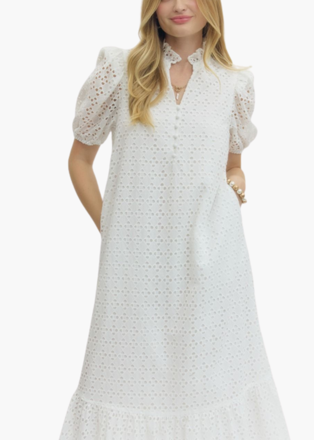 white eyelet midi dress Mirabel - & Blue tie waist belt Front button placket with signature bust flattering button placement and chest pocket Long sleeves with button cuffs Eyelet Cotton Laura Midi Dress in White
