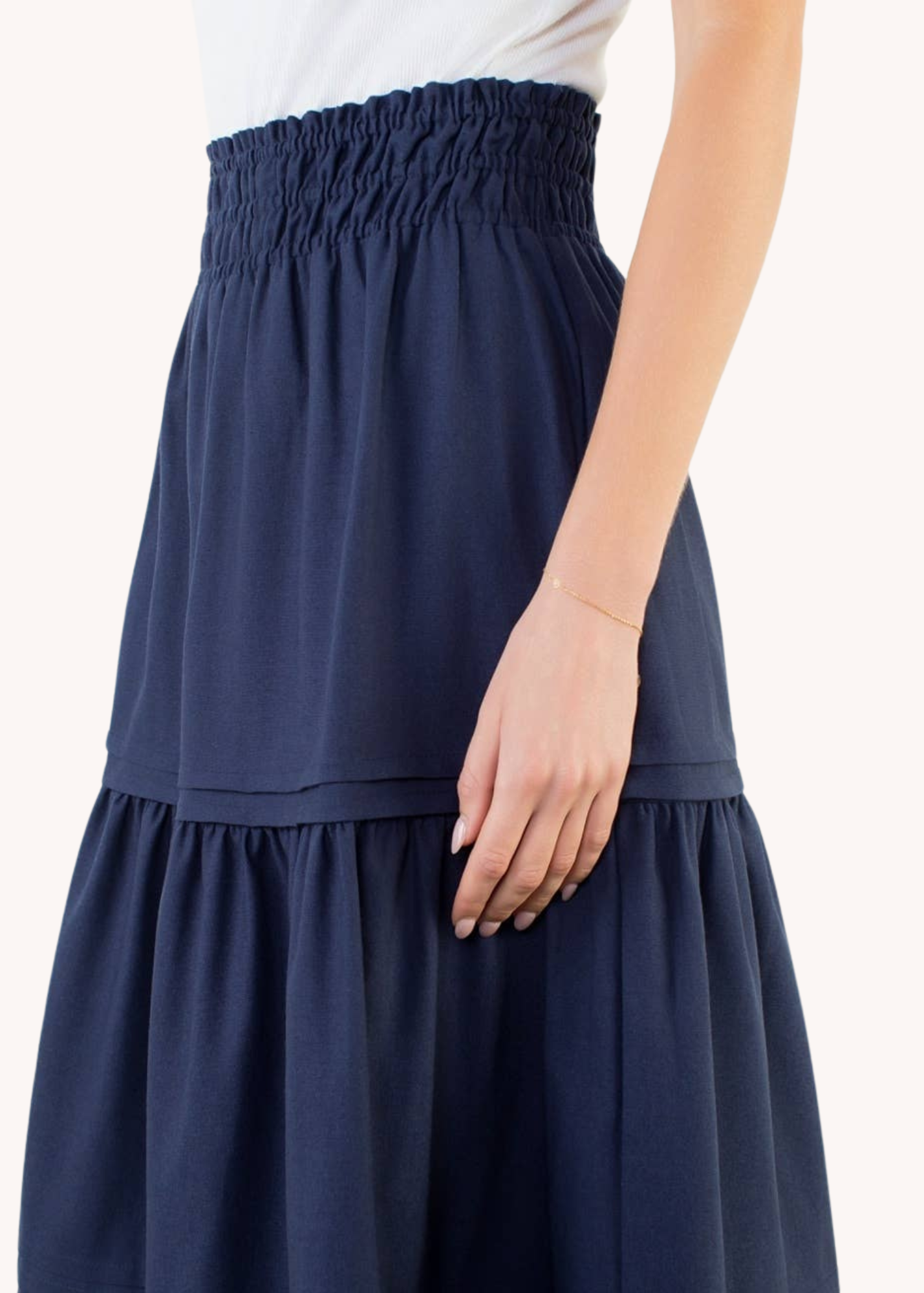 Smocked Waist Tiered Long Skirt in Navy