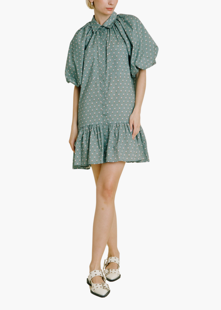 Callie Floral Drop Waist Shirt Dress in Green