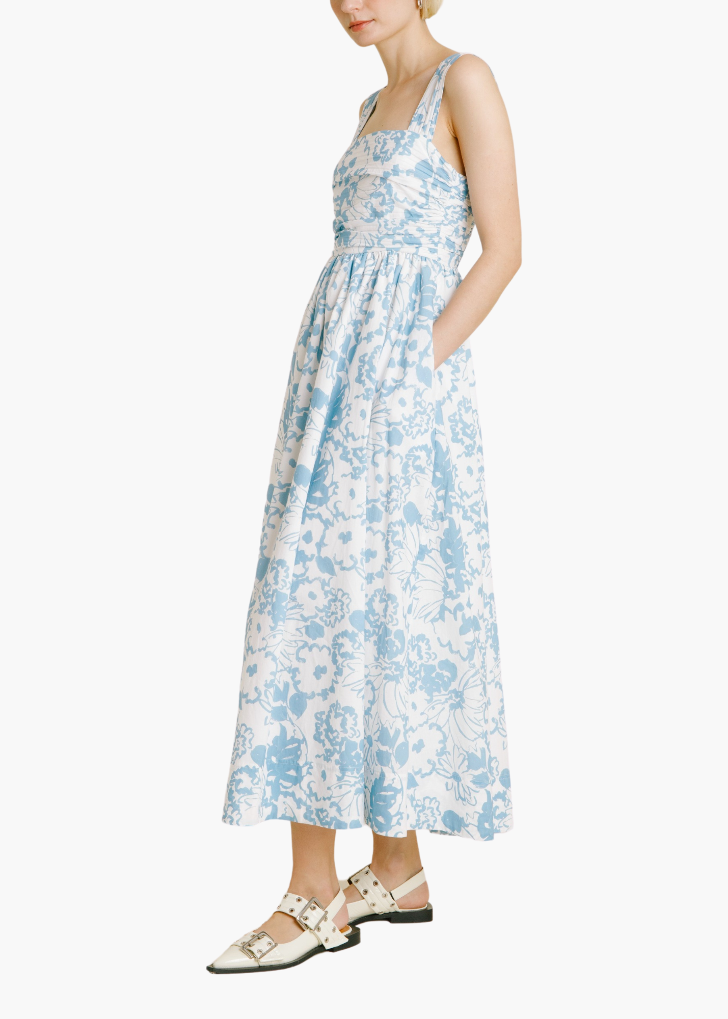 Sadie Ruched Midi Dress in Blue