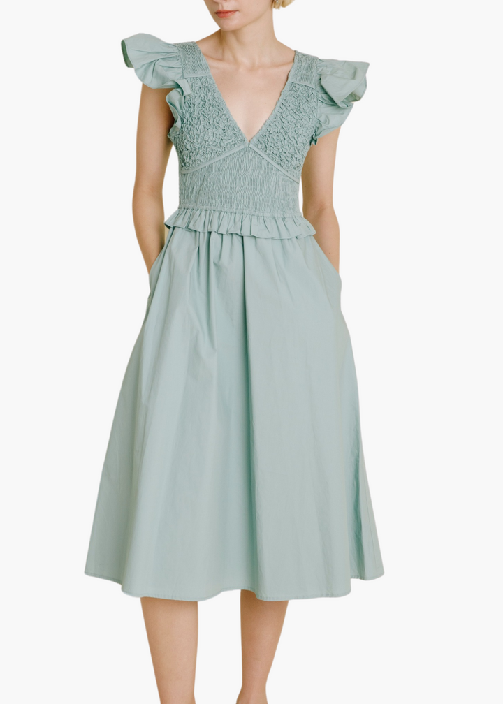 Smocked Flutter Sleeve Midi Dress in Sea