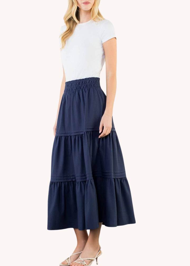 Smocked Waist Tiered Long Skirt in Navy