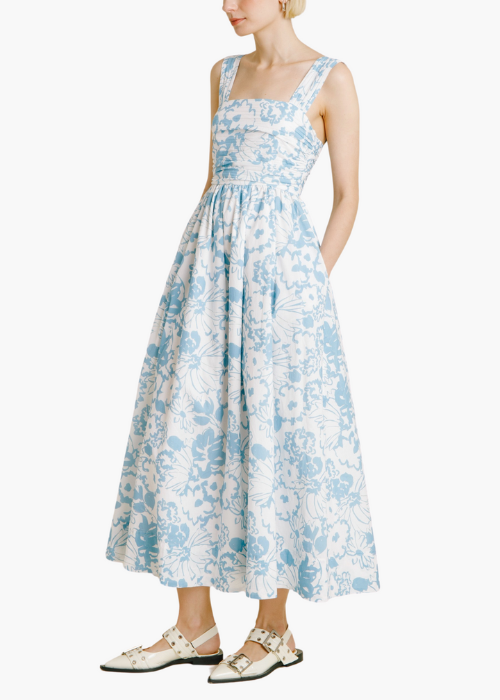 Sadie Ruched Midi Dress in Blue