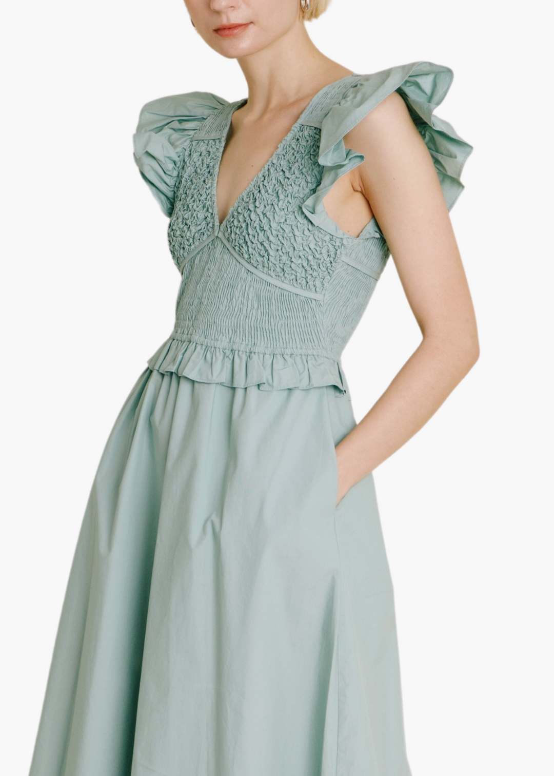 Smocked Flutter Sleeve Midi Dress in Sea