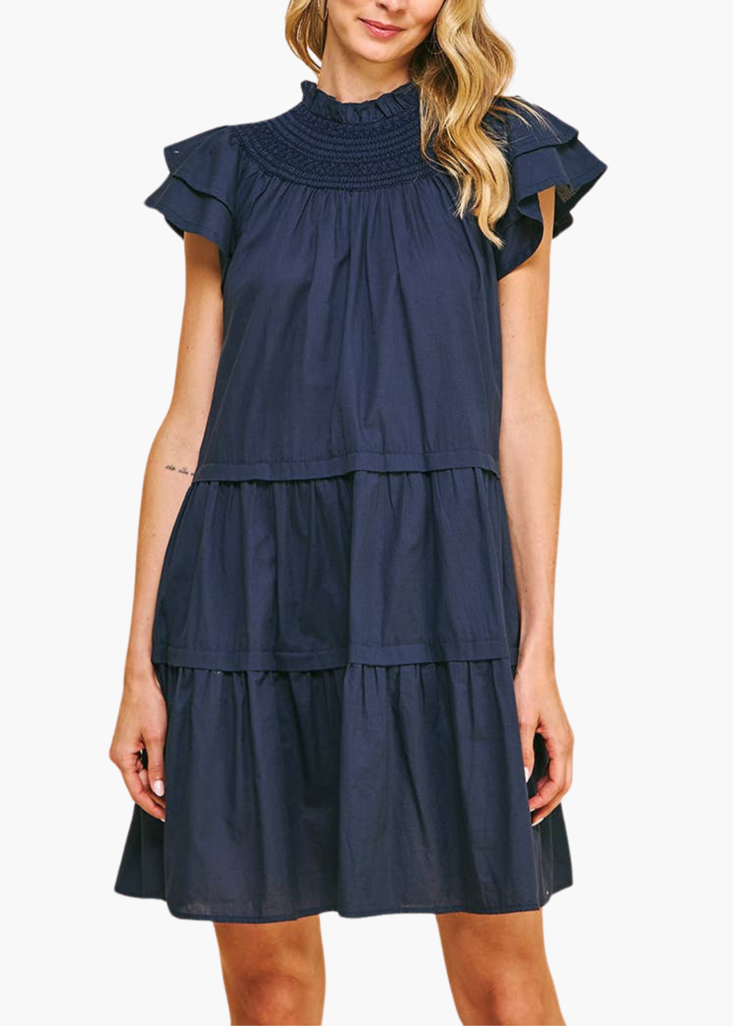 Callahan Smocked Neck Mini Dress in Navy