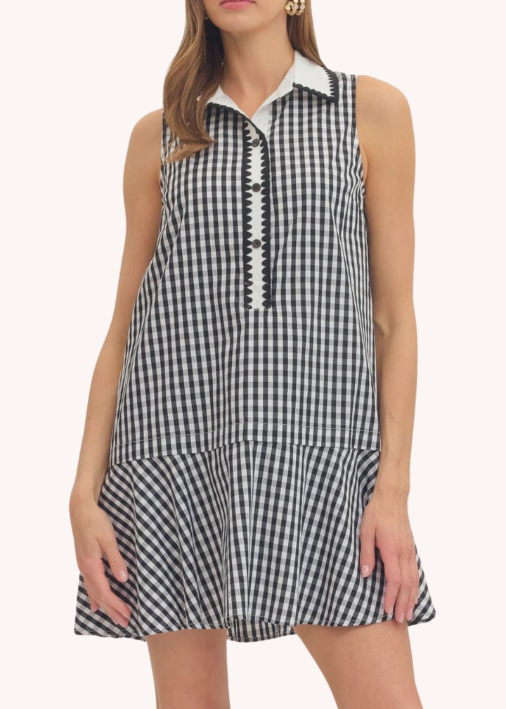 Gingham Cotton Mini Dress in Black
