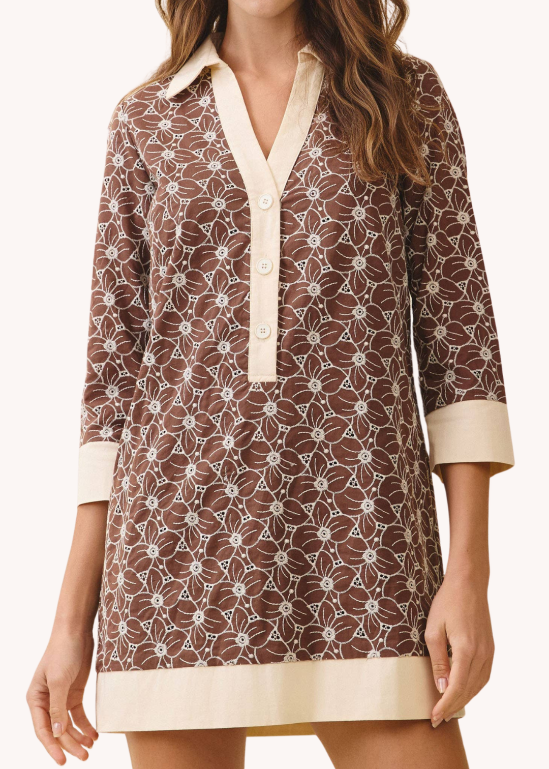 Floral Print Contrast Collar And Hem Tunic Dress