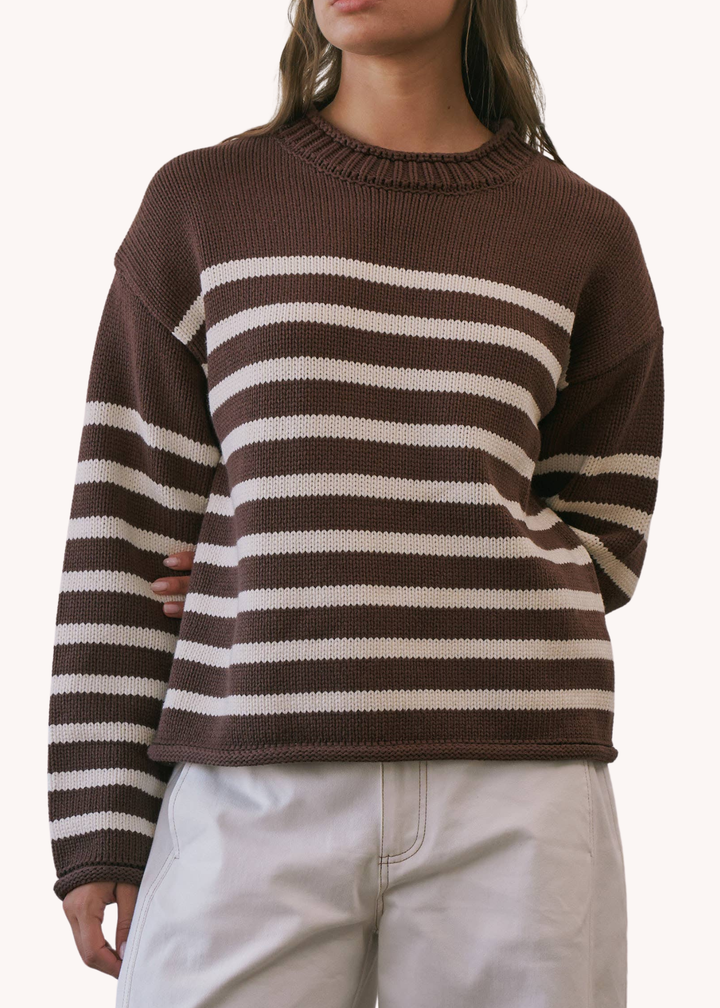 Striped Roll Neck Sweater in Chocolate