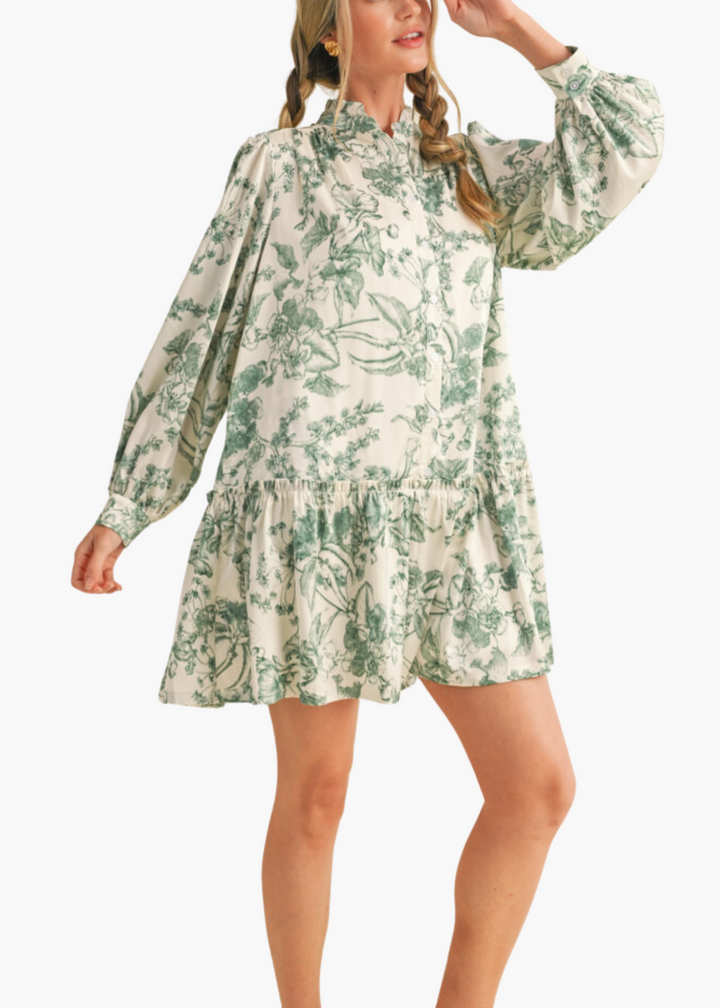 Meagan Mini Dress in Deep Green Toile