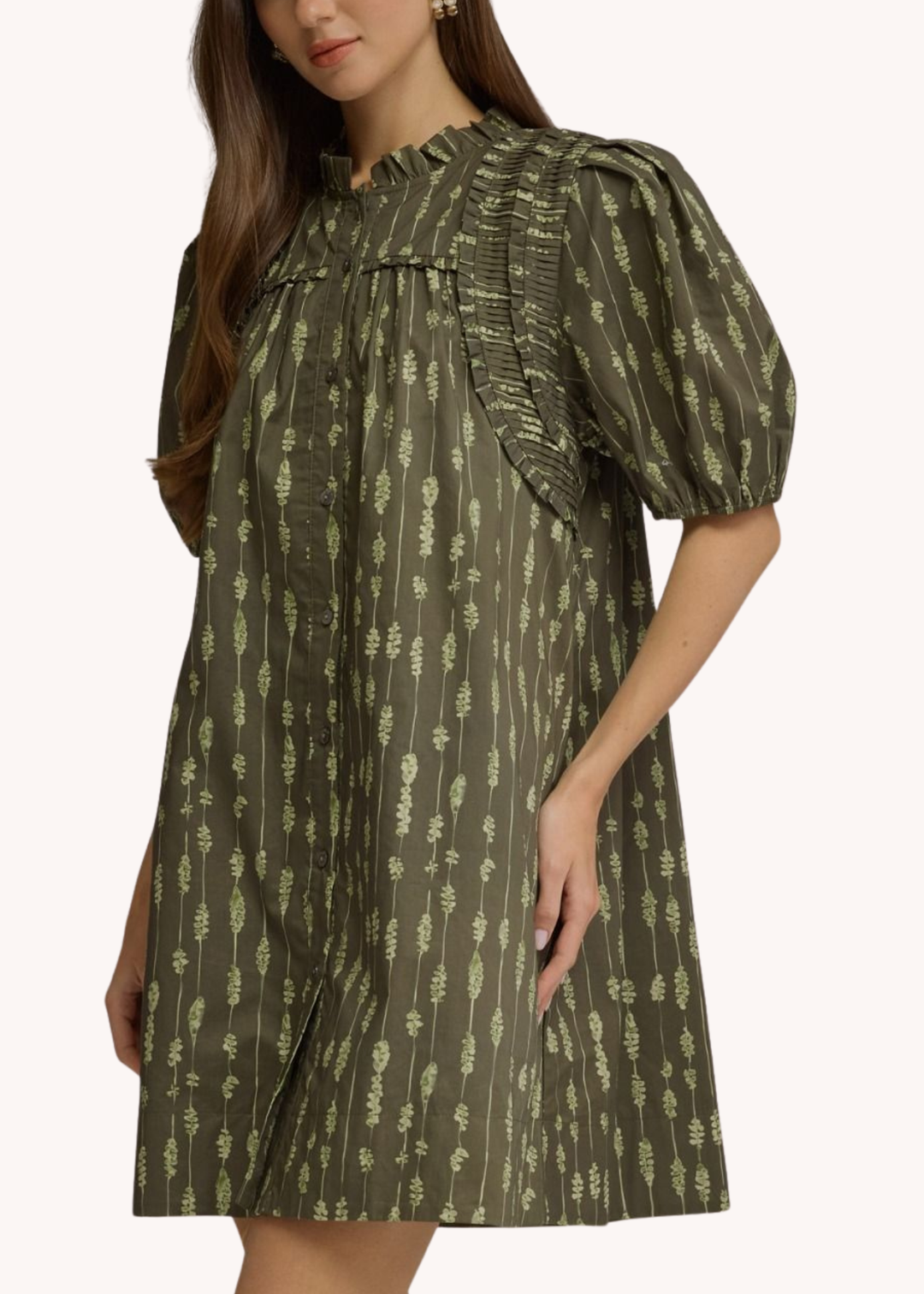Collins Smocked Cotton Mini Dress in Olive