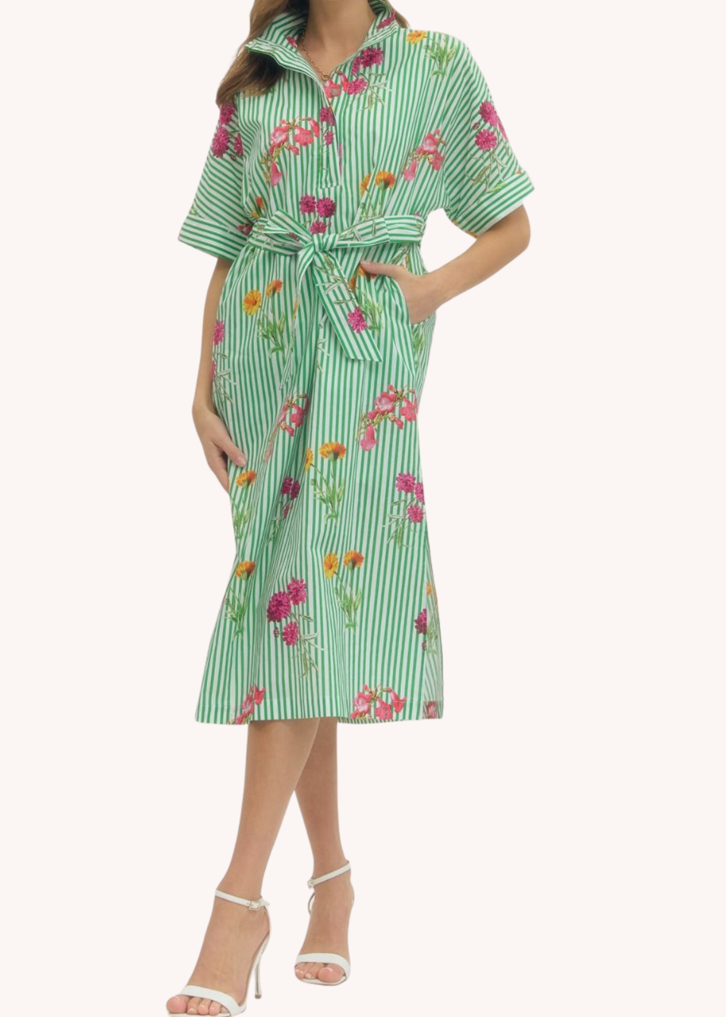 Bouquet Stripe Cotton Midi Shirt Dress