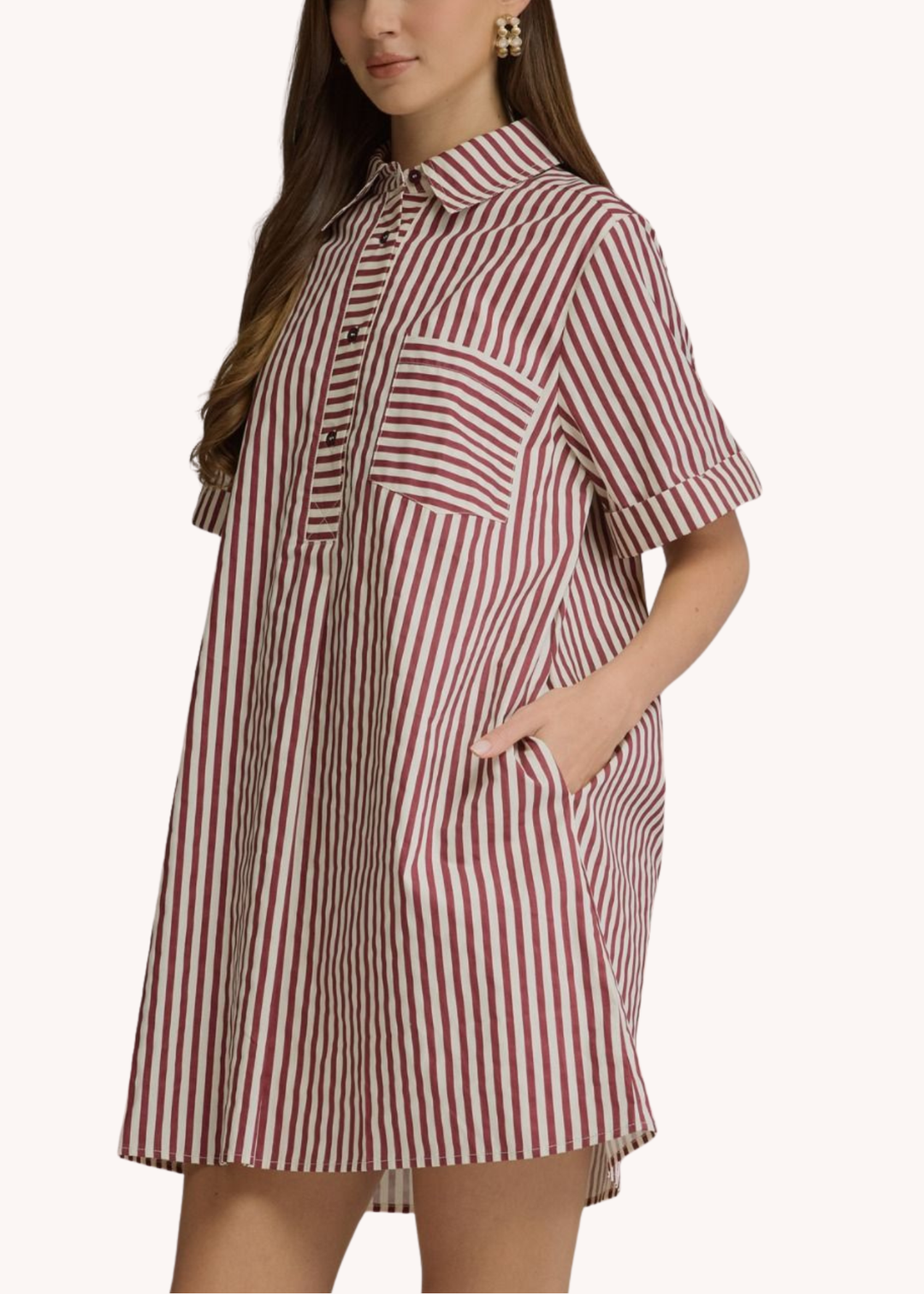 Caroline Cotton Mini Striped Dress in Burgundy