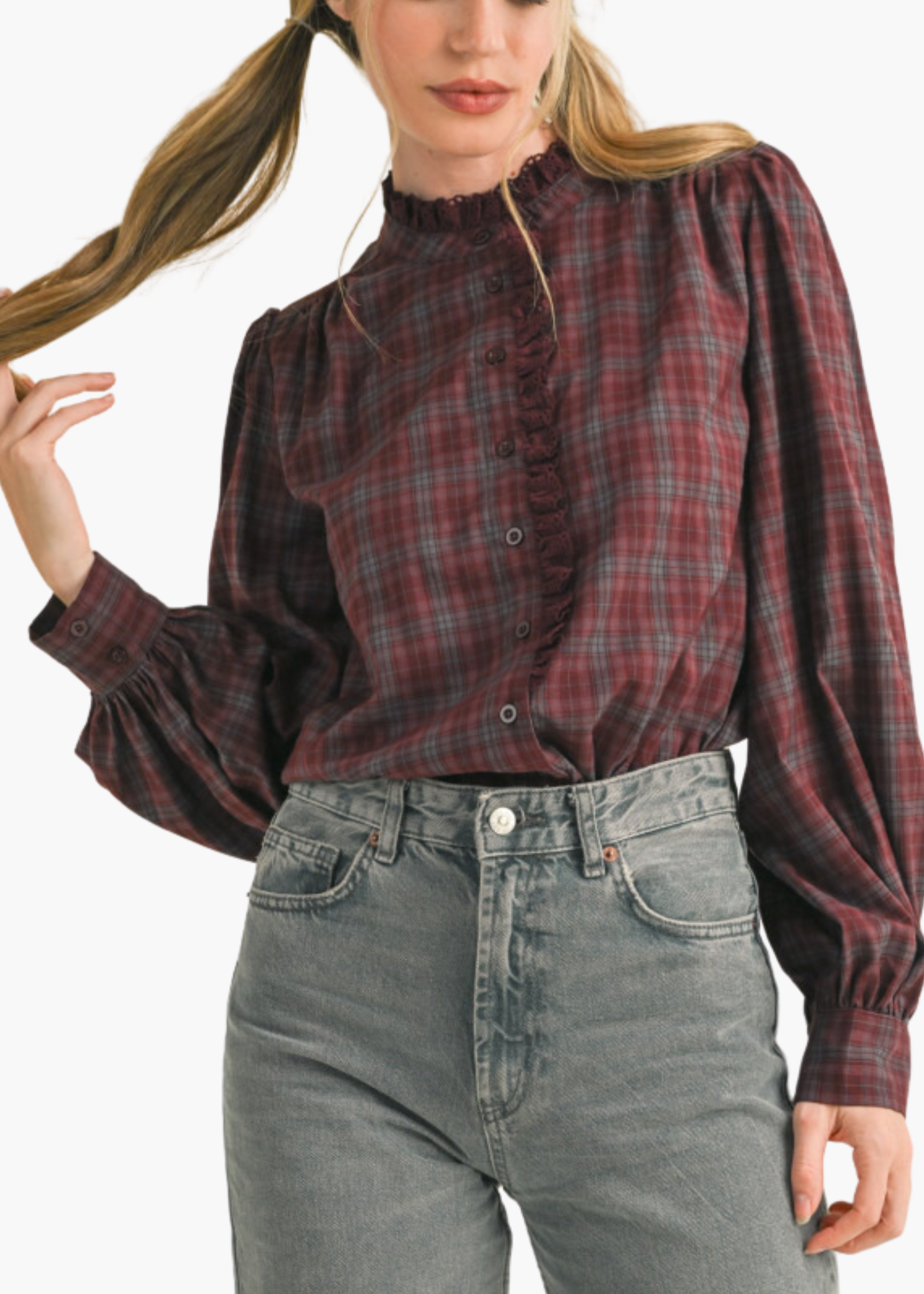 Winnie Top in Wine Plaid