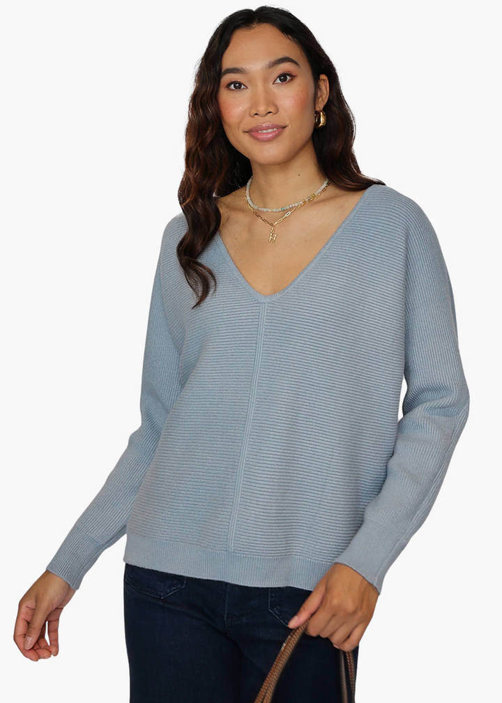 Elle V-Neck Ribbed Sweater in Dusty Blue