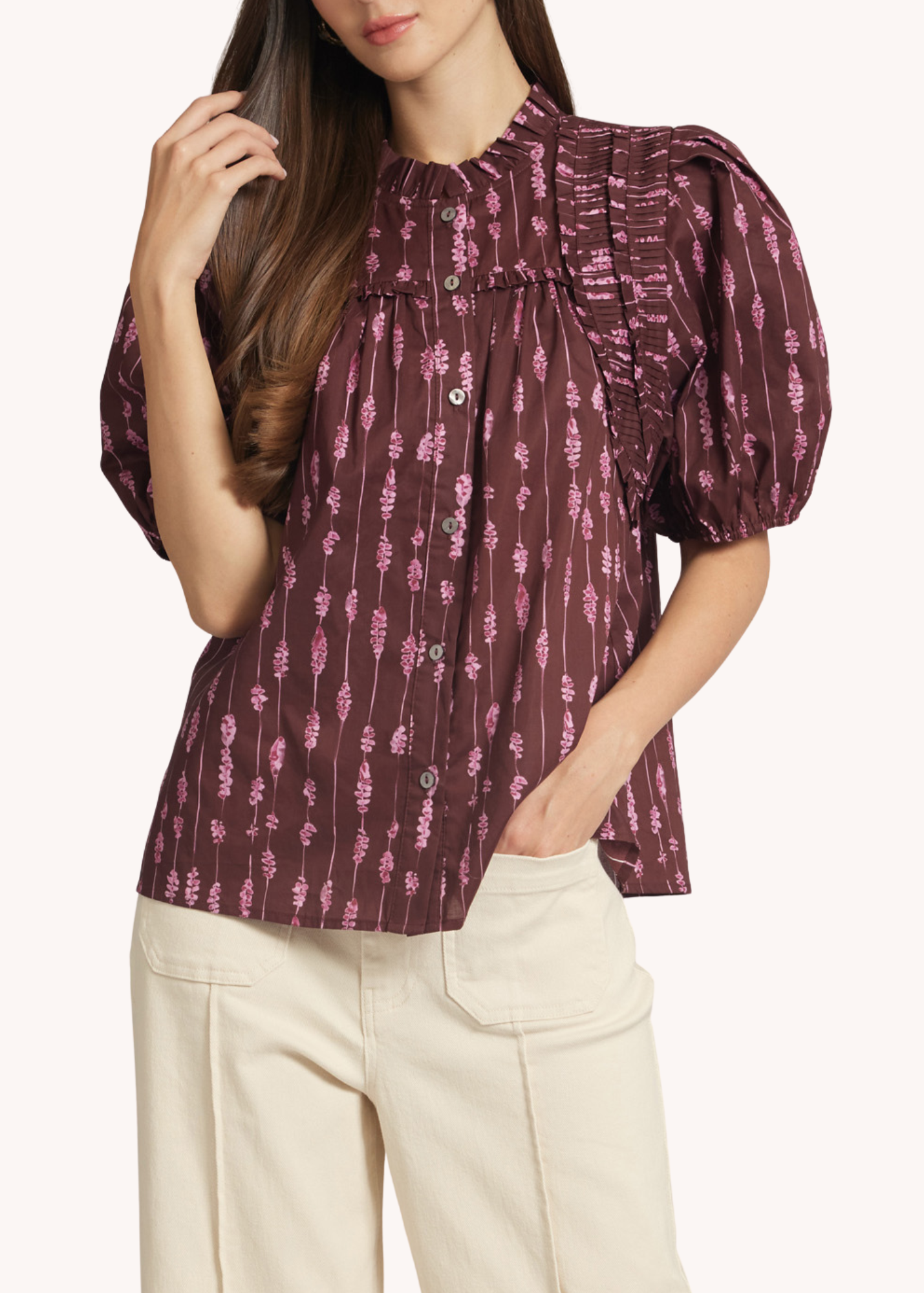 Wells Smocked Cotton Top in Merlot