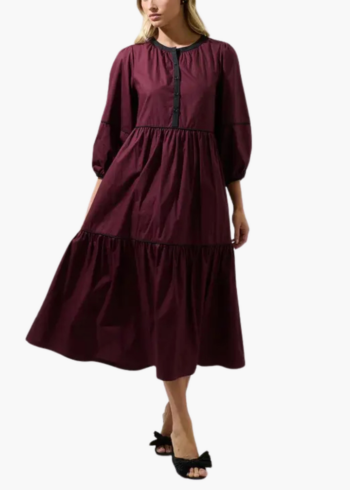 Delia Button Up Midi Dress in Merlot