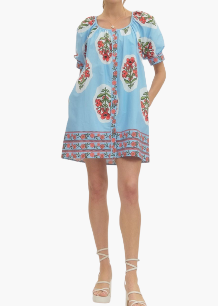 Sarah Blockprint Mini Dress in Light Blue