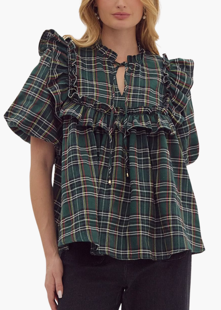 Evan Ruffle Top in Green Plaid