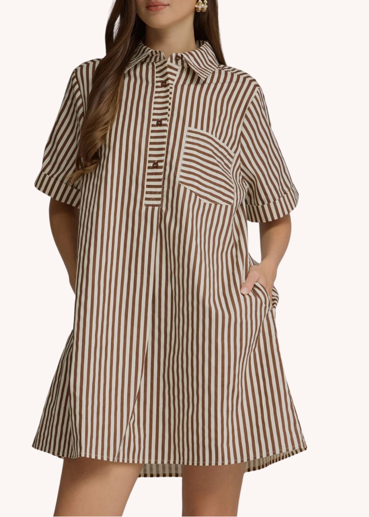 Caroline Cotton Mini Striped Dress in Brown