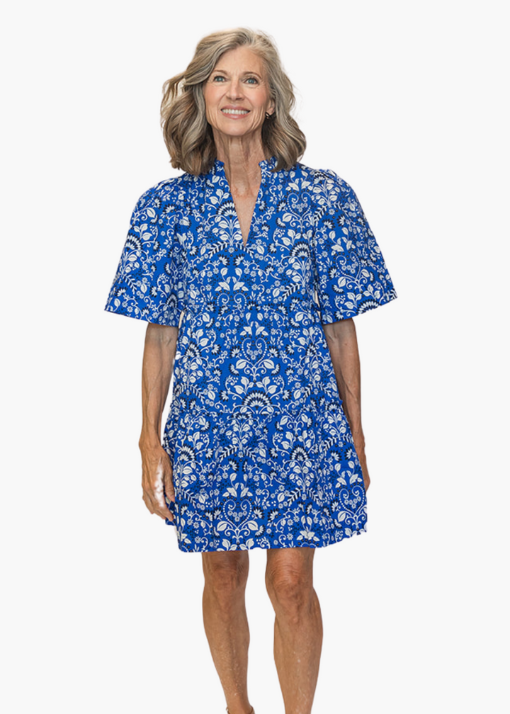 Lulu Split Neck Shift Dress in Royal