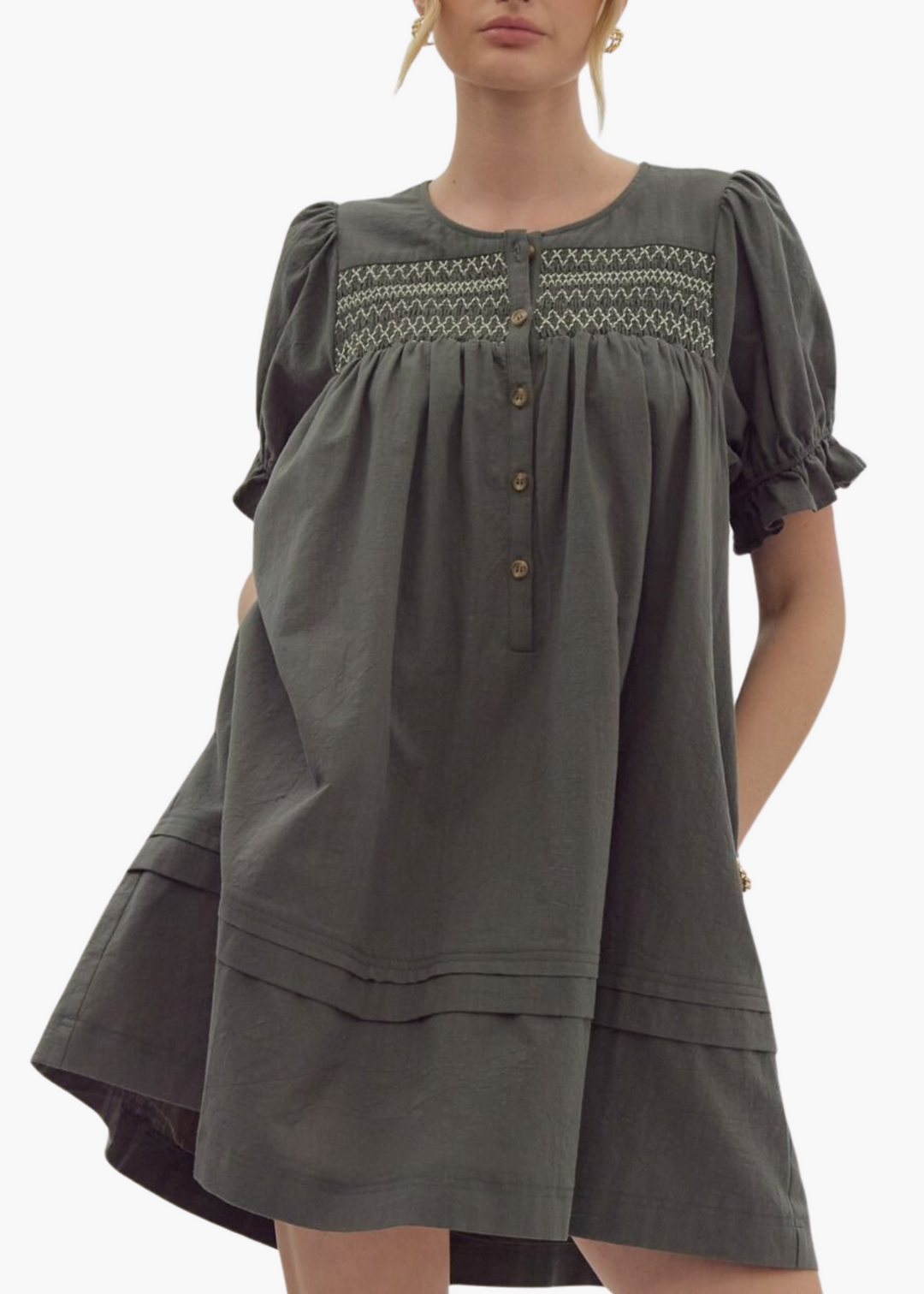 Ellen Smocked Mini Dress in Olive