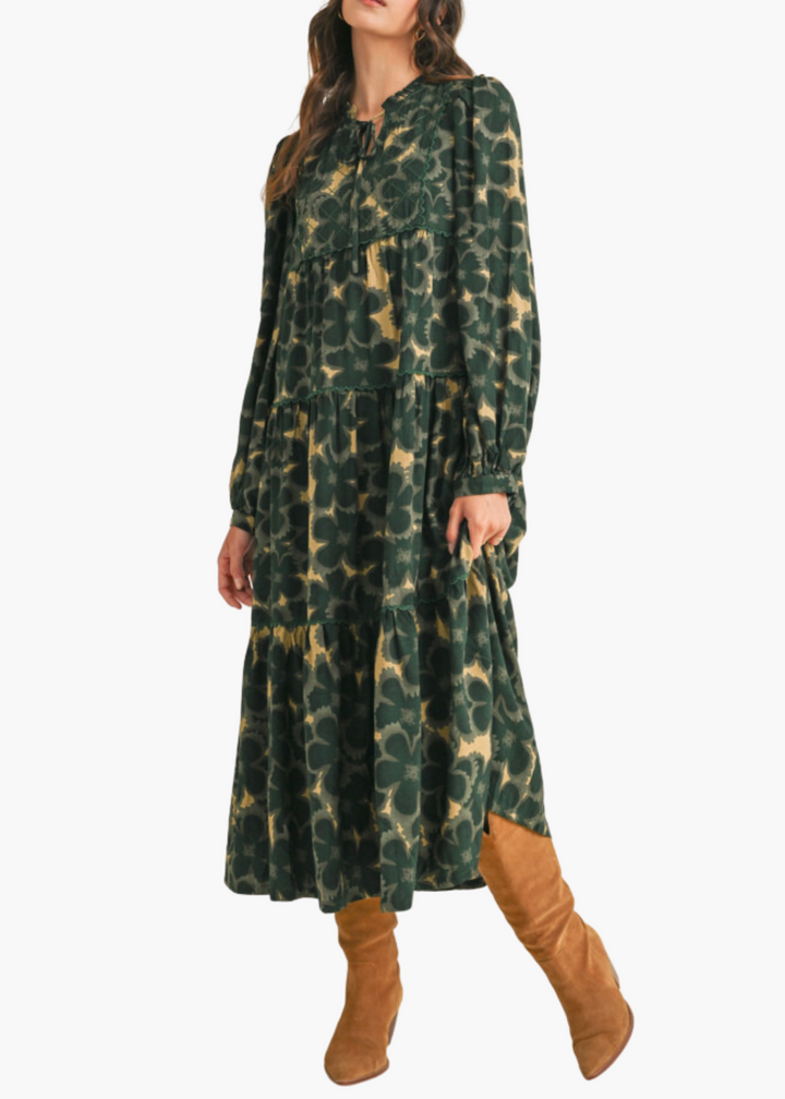 Louise Midi Dress in Hunter Green Floral