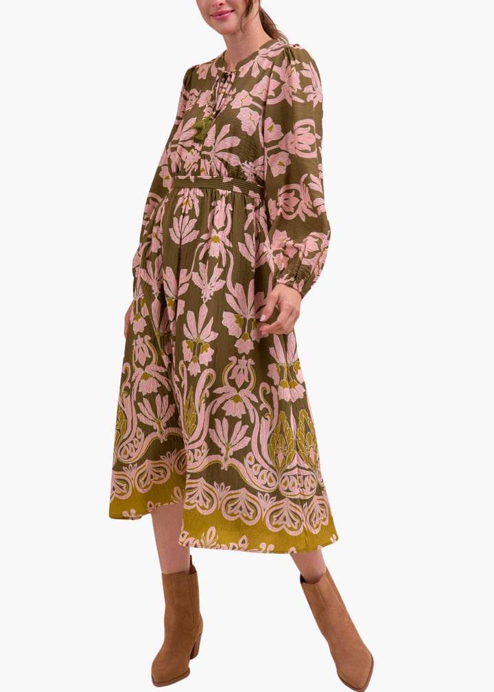 Logan Floral Print Midi Dress in Olive