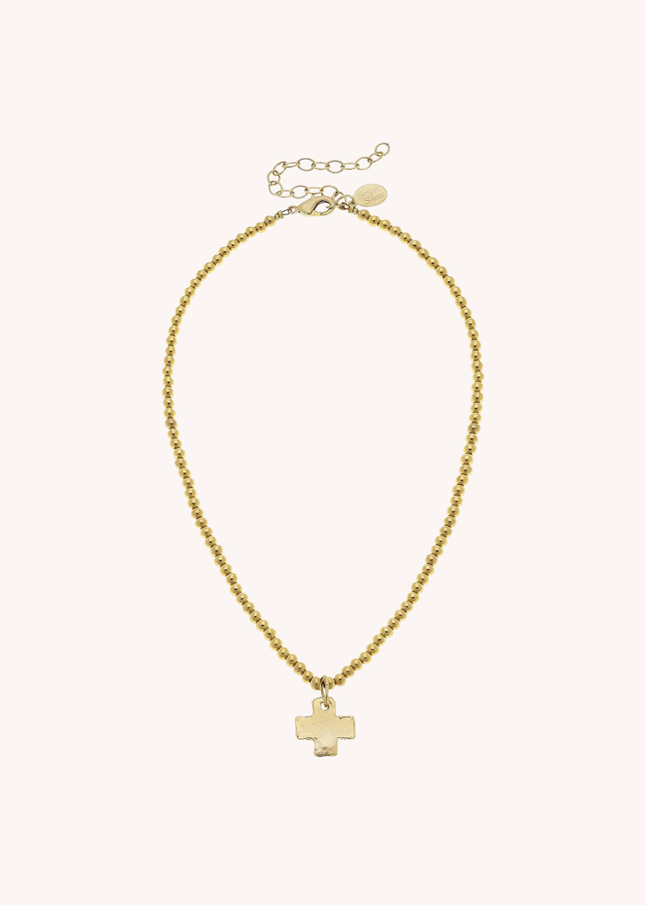 Gold Cross on Gold Beaded Necklace