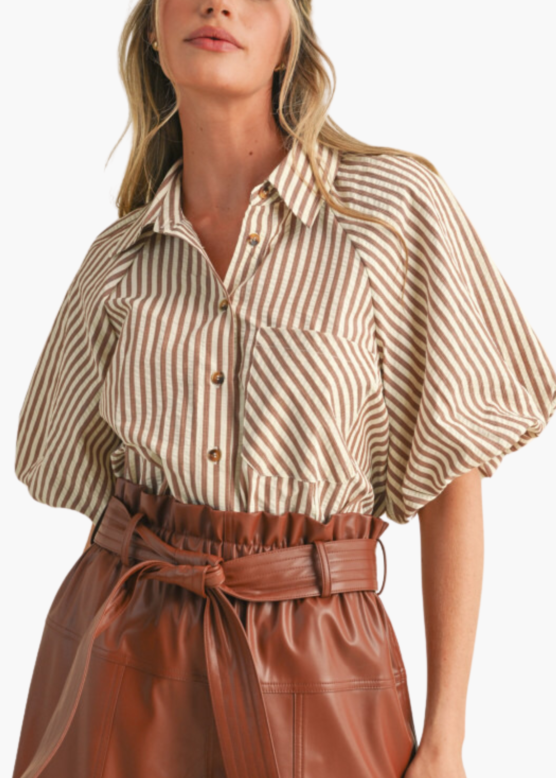 Marsella Button Up Top in Pecan Stripe