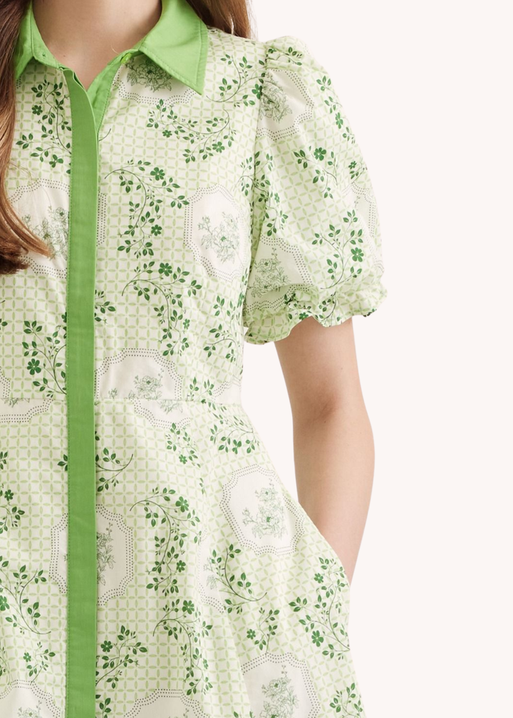 Puff Sleeve Cotton Midi Dress in Green