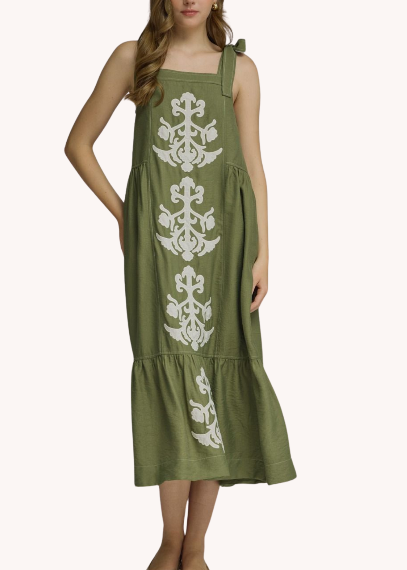 Casie Blockprint Appliqué Dress in Olive